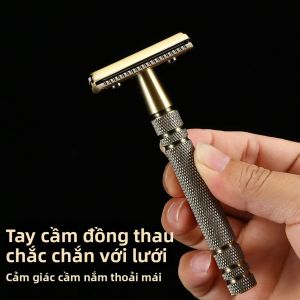 Dao Cạo An Toàn Hai Lưỡi Dành Cho Nam Cán Dài Chất Liệu Đồng Thau Lưỡi Dao Thay Thế Được Dao Cạo Kim Loại Cổ Điển Có Thể Tái Sử Dụng