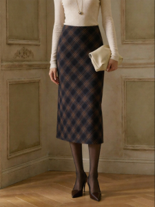 RETRO Wool Plaid Diagonal Cut Skirt Mid-Length