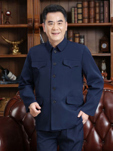 SHIPAILUO | Mens Casual Autumn Outfit Set Elderly Fatherly Style Pure Color Polo Fabric Multi-Pocket Design Polyester Cotton Blend