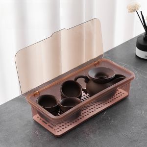 Acrylic Tea Set Storage Box with Lid Dustproof Transparent for Tea Table Cup Saucer Organizer Luxury Style Home Organization