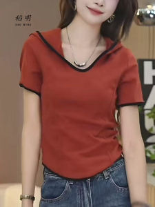 Fashionable Red round Neck Short Sleeve T-Shirt Womens Casual Style Commute Top Design Sensation Summer New Arrival