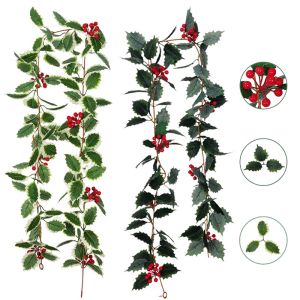 2M DIY Artificial Leaf Vine Red Berry Christmas Simulation Vine Leaf Wreath Plant Christmas Tree Hanging Home Christmas Decoration
