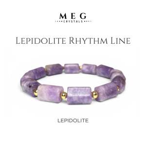 MEG Lepidolite Rhythm Line bracelet with purple rectangular beads and gold accents.