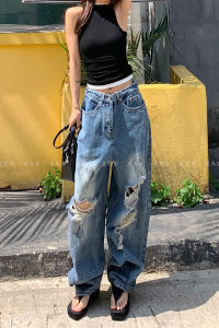 New 2025 Womens Wide Leg Jeans Loose Fit Floor Length Torn American Style Summer Dirty Denim Pants Casual High Waist Long Trousers