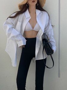 เสื้อเชิ้ตแขนยาวคอโปโลสีขาวสไตล์ผู้ชายสำหรับผู้หญิง ทรงหลวม ผ้าฝ้ายแท้ ทรงหลวม สไตล์ลำลอง เสื้อเชิ้ตแขนยาวแบบสวมหัว