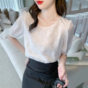 WANGGONGZHU | Elegant French Bubble Sleeve Chiffon Top Women Summer New Fashion Short Sleeve T-Shirt Princess Style Commute Style Round Neck