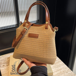 Hand Woven Straw Bucket Bag Womens Summer Handbag Casual Simple Style Beach Holiday Fashion Soft Handle Commuter Magnetic Buckle
