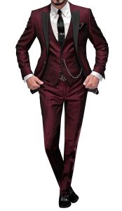 Solid Wedding Mens Suit Slim Fit Peak Lapel Formal Business Groom Tuxedos 3-Piece Jacket +Vest+Pants for Party Prom