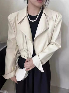 Premium PU Leather Jacket Womens Short Biker Style Spring Autumn New Large Size Fat MM Collar up Faux Suede Top Coat