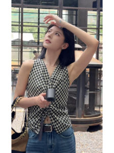 YUEZHONGWEI | French V-neck Knotted Plaid Sleeveless Vest Womens Summer Outerwear Slim Fit Casual Top Asymmetric Design No Shoulder Pads