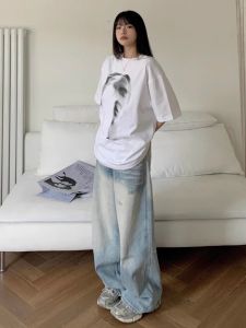 Quần Jeans Denim Ống Rộng Dài Thẳng Dài Cạp Cao Quần Dài Mùa Xuân Mới Cho Nữ Có Lỗ Xẻ Quần Jeans Denim Dài Thẳng Rộng Thời Trang