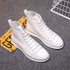 High Top Casual Shoes for Men All-Match White Wear-Resistant Rubber Outsole round Toe Flat Heel Korean Style Youth Footwear