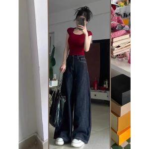 plus Size American Style High Waist Straight Leg Jeans Womens Loose Fit Summer New Arrival Slimming Wide Leg Floor-Length Pants