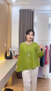 (HÀNG SẴN - ẢNH THẬT) Áo thun lò xo tay dài cổ tròn Áo nhúng vạt xéo cách điệu freesize co giãn nhiều