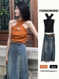 YUEZHONGWEI | Orange Cross-Neck Knit Halter Top