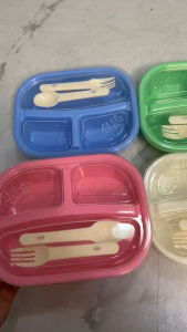 Reusable Bento Lunch Box 3 Grid Food Container with Spoon Fork Portable Meal Prep Storage Box