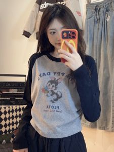 Yoho Womens Long Sleeve T-shirt Cute Cartoon Rabbit Design Shoulder Insert Waist Cinching Short Base Layer Top Cotton Blend