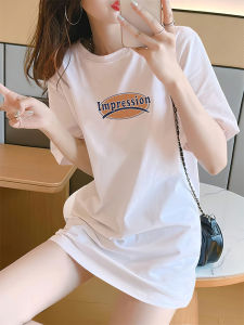 Loose Womens T-shirt Summer 2025 New Style Butt Covering Simple White Large Size Letter Print Half Sleeve Cotton Polyester Blend