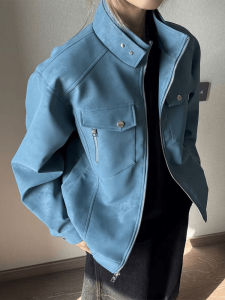 Blue Stand Collar Workwear Jacket Mens Spring High Sensation American Retro PU Leather Short Flight Baseball Uniform Coat