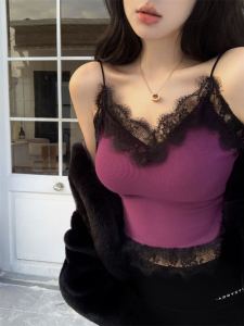 Elegant French Style Lace Splice Strap Knitted Crop Top Sleeveless Base Shirt Womens Fashion Autumn Inner Wear Ladies Knitwear