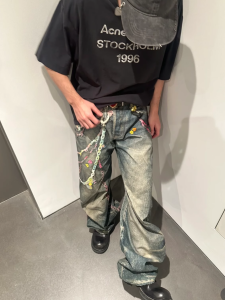 กางเกงยีนส์ทรงตรงลำลองสไตล์อเมริกัน High Street 3D Digital Print Candy Chain Rustic Knife กางเกงยีนส์ทรงตรงสำหรับผู้ชายและผู้หญิง