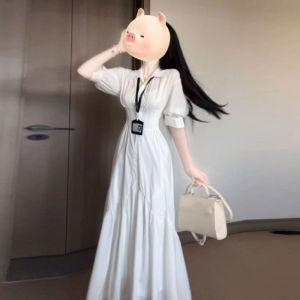 Korean Style Shirt Dress Polo Collar A-Line Waist Cinching Long Spring Dress Elegant Unique Beautiful Pure Color Button Detail