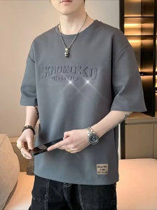 Short-Sleeved T-shirt Mens Trendy Loose Large-Size Half-Sleeved Steel Stamped T-shirt