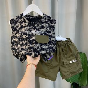 Boys Summer Outfit Vest Set Stylish Baby Fashionable Sleeveless Clothes Children Cool Handsome Two-Piece Set Cotton Floral Korean Style