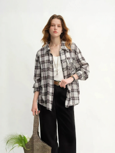 DUSHU | Plus Size Womens Plaid Shirt Drawstring Collar Pocket Cover