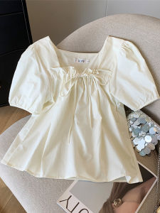 Big Sale Leak-Picking ~ French Square Collar Puff Short Sleeve Shirt Female Summer New Minority All-Match Design Belly-Covering Coat