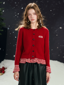 Christmas Red round Neck Long Sleeve Knitted Sweater with Plaid Lace Huaapuw Womens Fashion Sweet Style Slim Fit Winter New Arrival