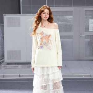 Unifree | Yellow Off-Shoulder Deer Print Casual Tee Shirts