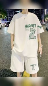 เสื้อผ้าวาฟเฟิลกีฬาลำลองสำหรับบุรุษในช่วงฤดูร้อนเสื้อยืดแขนสั้น + กางเกงขายาวชุดสองชิ้นพิมพ์ลายหมีอินเทรนด์