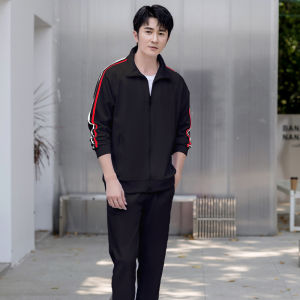 ชุดกีฬาลำลองแขนยาวฤดูใบไม้ผลิและฤดูใบไม้ร่วงสำหรับผู้ชาย สีดำและสีขาว ชุดวิ่งเช้า ชุดสองชิ้น ผ้าไหมเกาหลีใต้ คอตั้ง