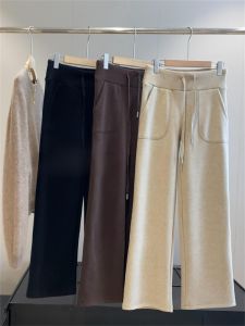 in BLUE กางเกงขายาวทรงหลวมเอวสูงผ้าลินินฤดูใบไม้ร่วง/ฤดูหนาว กางเกงโยคะขากว้าง ผูกเชือก ทรงเข้ารูป กางเกงขายาวลำลอง