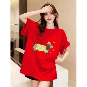 SUSHOUWANGE | Red Cartoon Dog Print T Shirt Cotton Loose