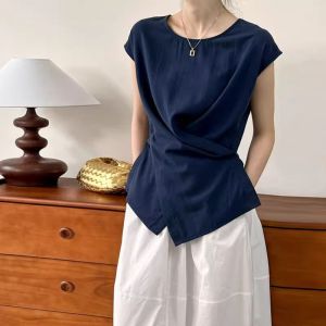 Navy Short Flutter Sleeve Asymmetrical Cross-over T-shirt
