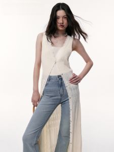 TAMMY TANGS | Sweet Style Long Sleeveless Knitted Cardigan Hollow Out Design Summer New Arrival Womens Fashion Soft V-neck Mid-length Cardigan