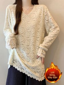 Áo Sơ Mi Crochet Cổ V Dài Tay Cao Cổ Phong Cách Oversized Plus Size Cao Cấp Ấm Áp