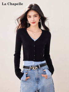 La Chapelle Black V-Neck Knitted Sweater Womens Fashion Shoulder-Length Sleeve Autumn New Arrival Soft Commuter Style Slim Fit