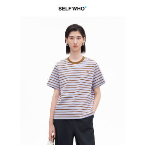 Contrast Stripe Combed Cotton Loose Round Neck T-Shirt