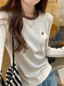 Korean Style round Neck Long Sleeve T-Shirt Womens Autumn Winter Slim Fit Contrast Color Embroidery Base Shirt Inner Wear