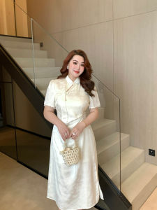 GLEC plus Size Womens Fashionable Retro Chinese Style Hollow out Stand Collar Qipao Dress High Waist Short Sleeve Midi Dress