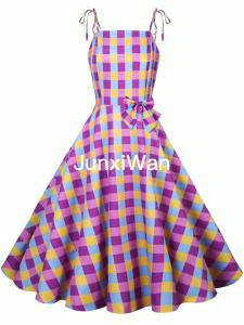 ผู้หญิงวินเทจลายสก๊อตพิมพ์ชุดฤดูร้อนย้อนยุคโบว์เข็มขัดปาเก็ตตี้สาย50วินาทีแกว่งพรรคชุด