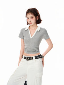 Áo Thun Cổ Chữ V Màu Xám Tay Ngắn Mùa Hè Cho Nữ Áo Polo Ôm Vừa Vặn Cổ Polo Tay Lửng Chất Liệu Cotton Thường Ngày