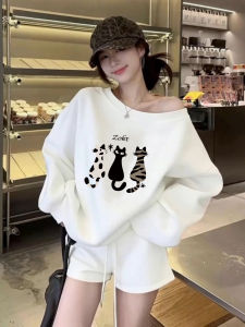 SUSHOUWANGE | Cartoon Cat Print Slant Collar Korean Loose Casual Thin Off-Shoulder Hoodie