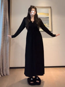 Váy Dài Cổ Chữ V Cỡ Lớn Cho Nữ Mùa Thu Xuân Váy Dài Trong Suốt Che Giấu Thịt Váy Đen Thanh Lịch Váy Công Sở Dài Tay