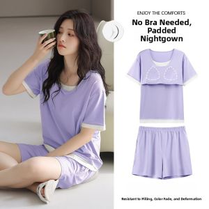 miiow | Cat Woman Summer Sleepwear With Chest Pad Loose Short Sleeve Womens Home Clothes Can Be Worn Outside Cotton Round Neck Short Pants