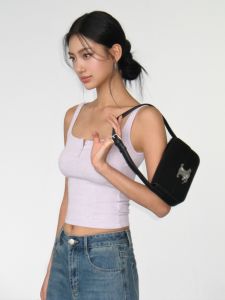 NEVA HU Black Knitted Strap Vest Womens Summer Base Shirt Sleeveless Square Collar Outerwear Short Length Solid Color