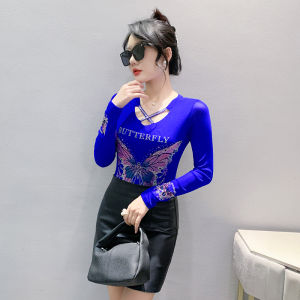 REHIN Autumn New Heavy Craft Beaded Double-Layer Ice Silk Long Sleeve T-Shirt Mesh Fashion Versatile Women's Top